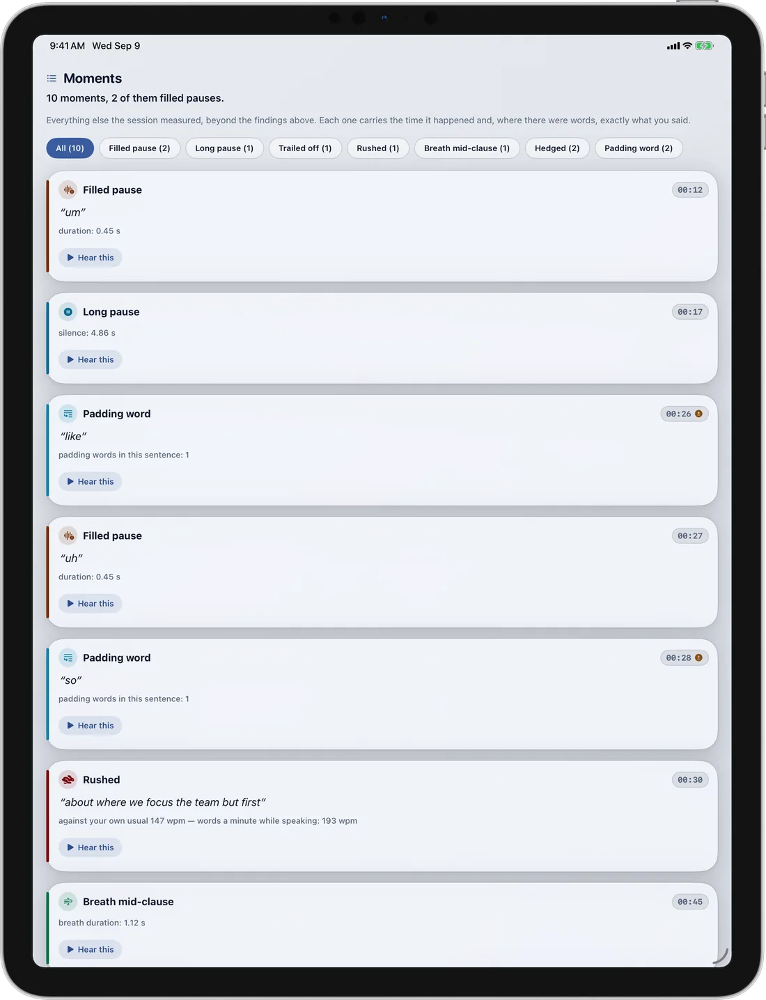 Articulance on iPad showing the timestamped moments list, each row carrying the time it happened and a play button