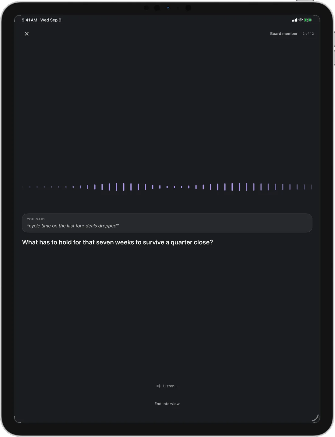 Articulance on iPad showing The Room asking a grounded follow-up interview question aloud