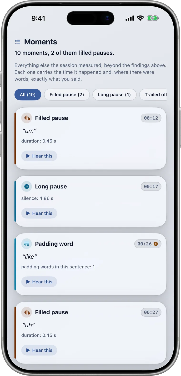 Timestamped coaching moments list with interactive play buttons