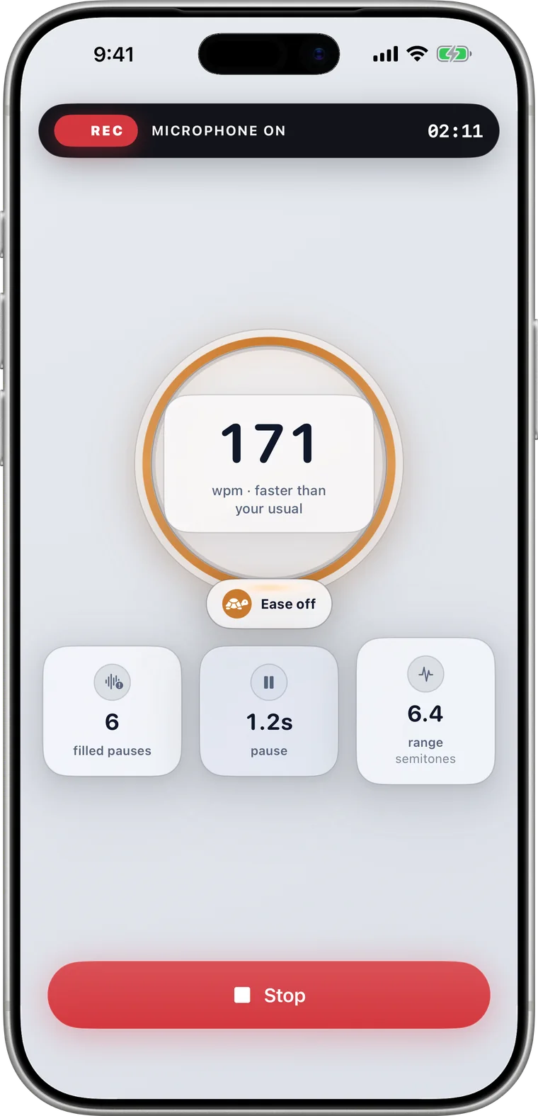 Live rehearsal recording HUD with real-time pace coaching nudge